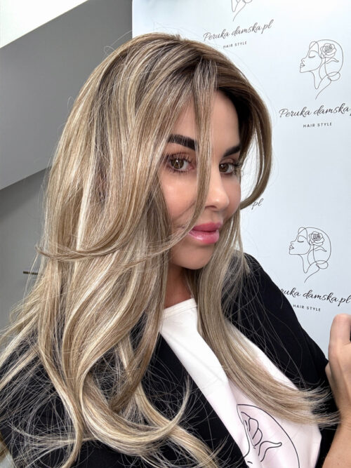 Lace front Mono Top Rootbeer float blonde topper syntetyczny ciemny orzech